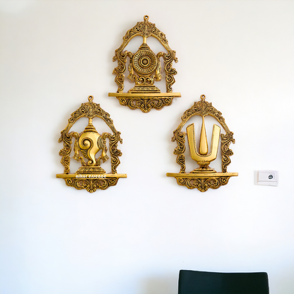 Brass Shankh chakra namaha beautiful decor wall Hanging plate idol - 12.5 Inches Nikuressence