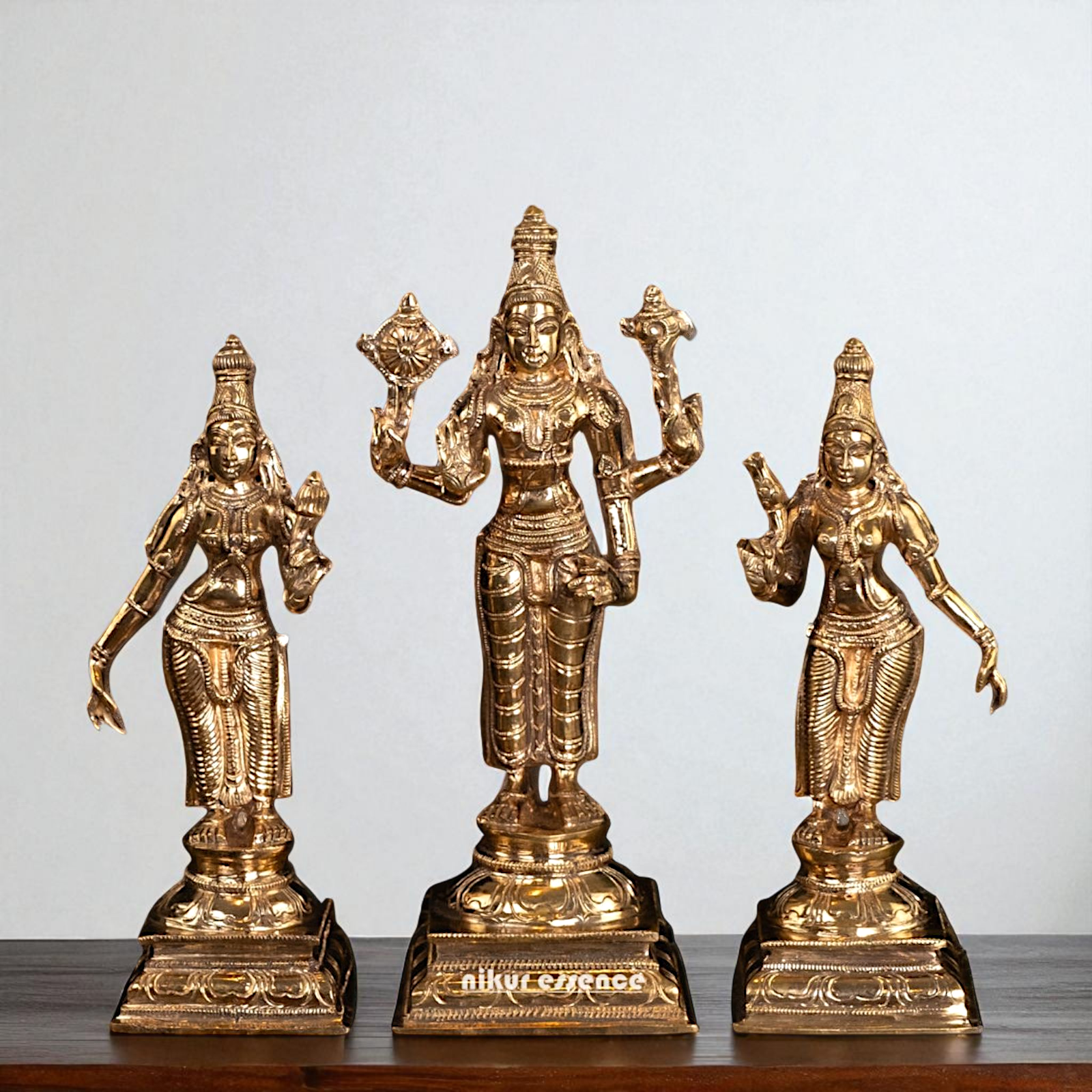 Vishnu with Sri Devi and Bhu Devi standing Panchaloha idol - 9.75 Inches Nikuressence
