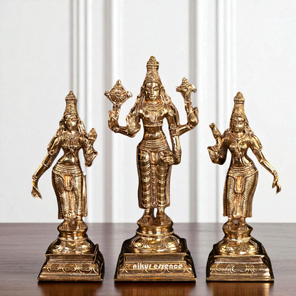 Vishnu with Sri Devi and Bhu Devi standing Panchaloha idol - 9.75 Inches Nikuressence