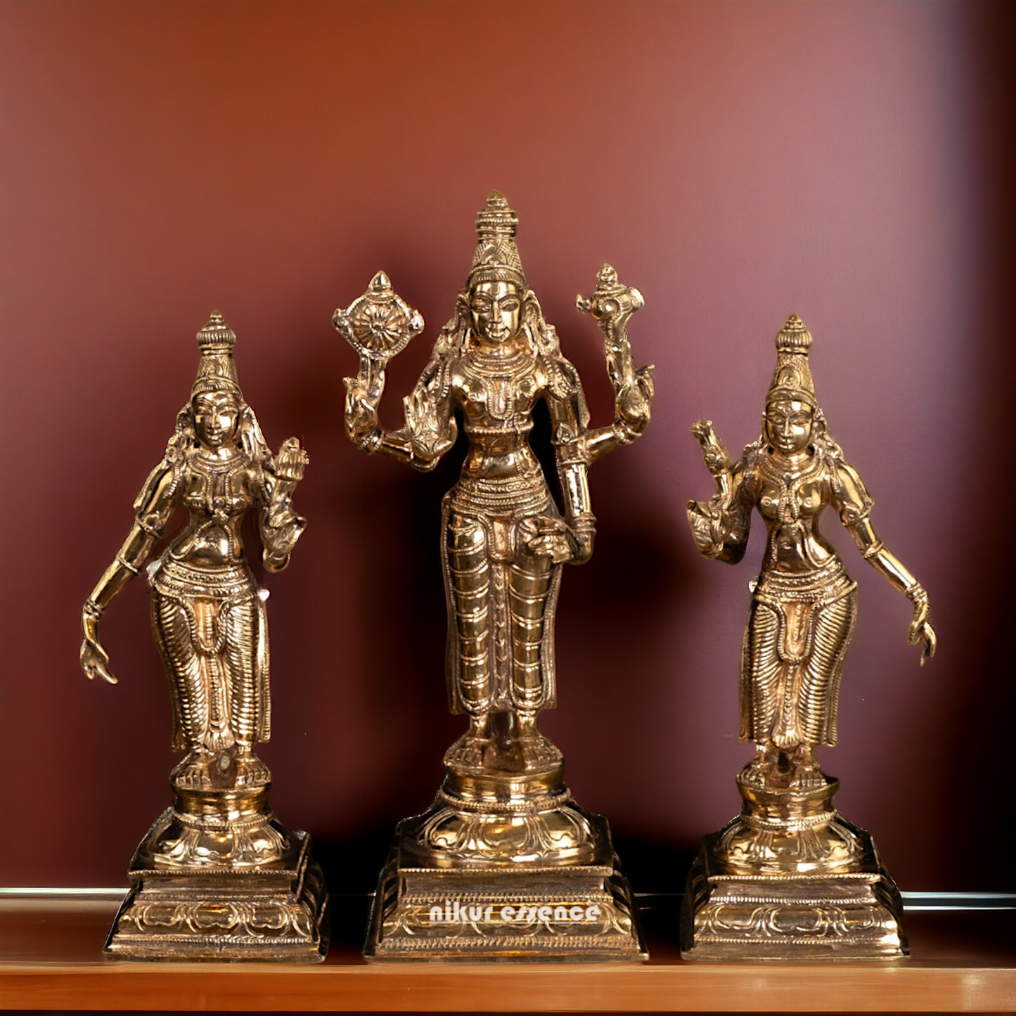 Vishnu with Sri Devi and Bhu Devi standing Panchaloha idol - 9.75 Inches Nikuressence