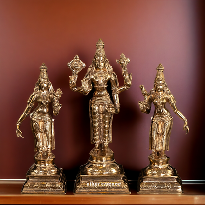 Vishnu with Sri Devi and Bhu Devi standing Panchaloha idol - 9.75 Inches Nikuressence
