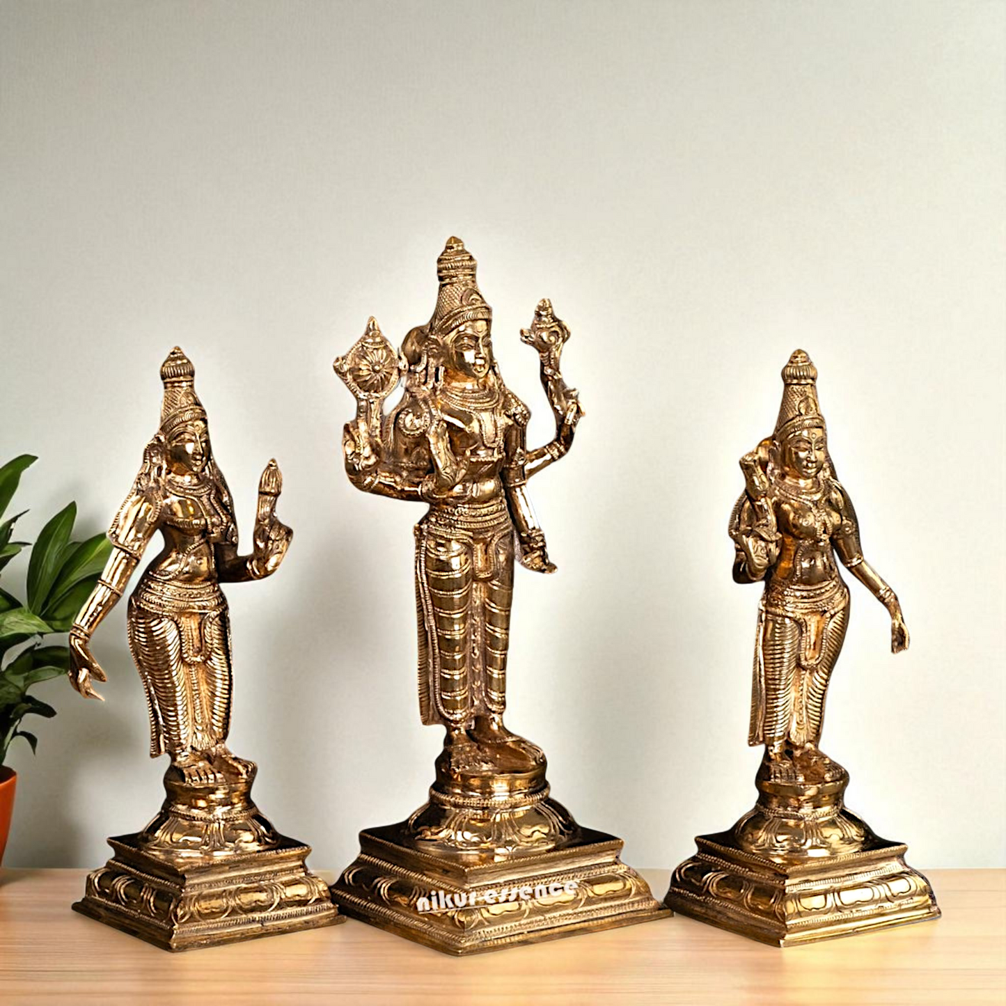 Vishnu with Sri Devi and Bhu Devi standing Panchaloha idol - 9.75 Inches Nikuressence