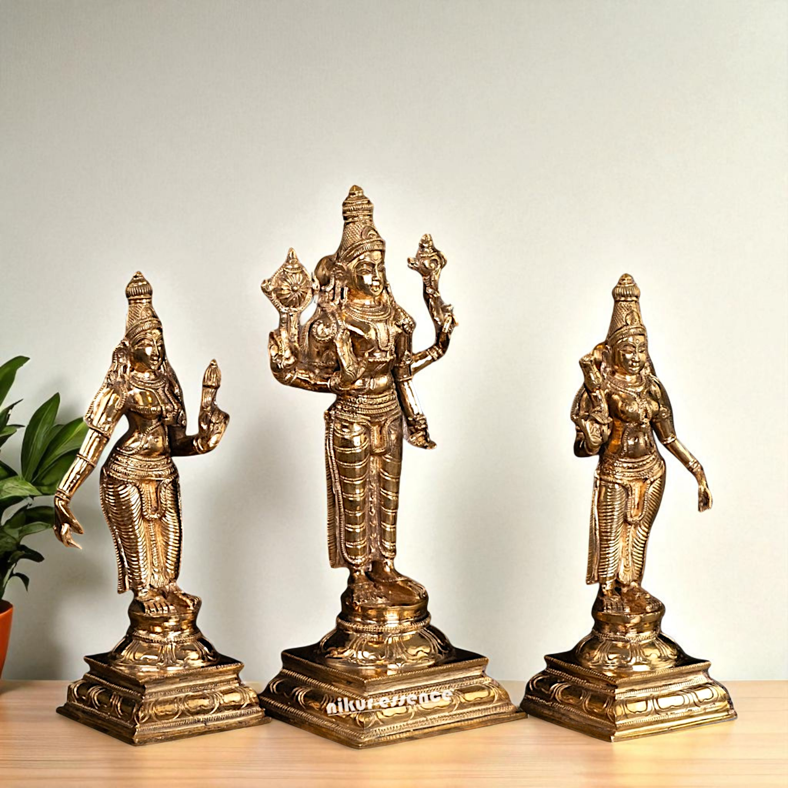 Vishnu with Sri Devi and Bhu Devi standing Panchaloha idol - 9.75 Inches Nikuressence