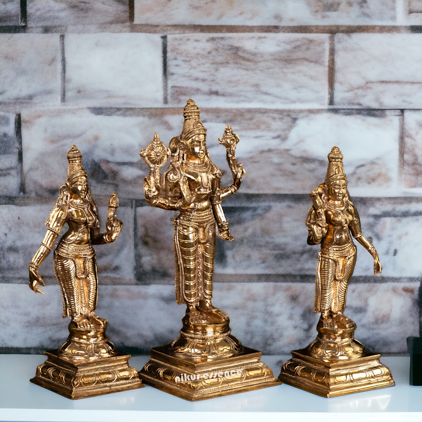 Vishnu with Sri Devi and Bhu Devi standing Panchaloha idol - 9.75 Inches Nikuressence