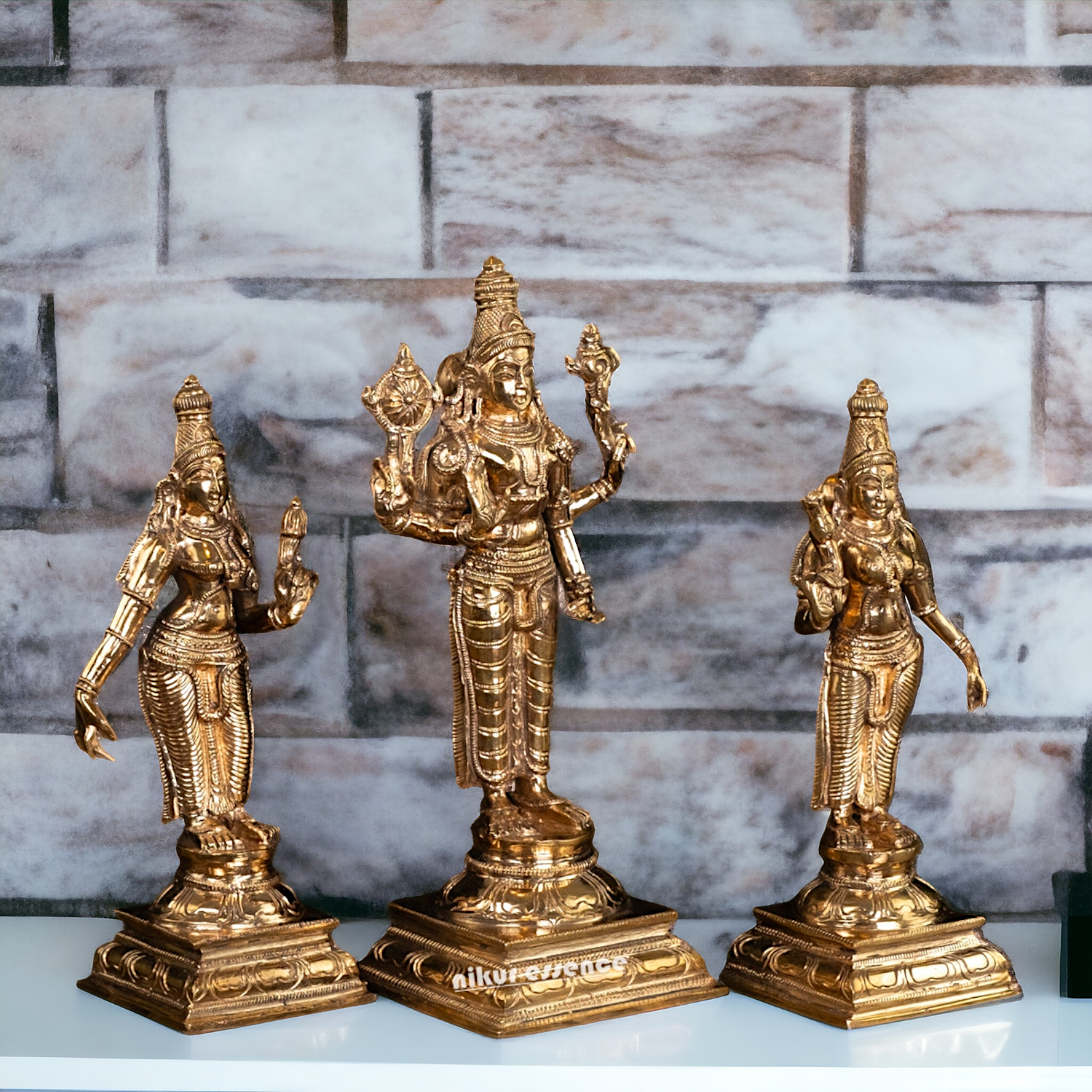 Vishnu with Sri Devi and Bhu Devi standing Panchaloha idol - 9.75 Inches Nikuressence