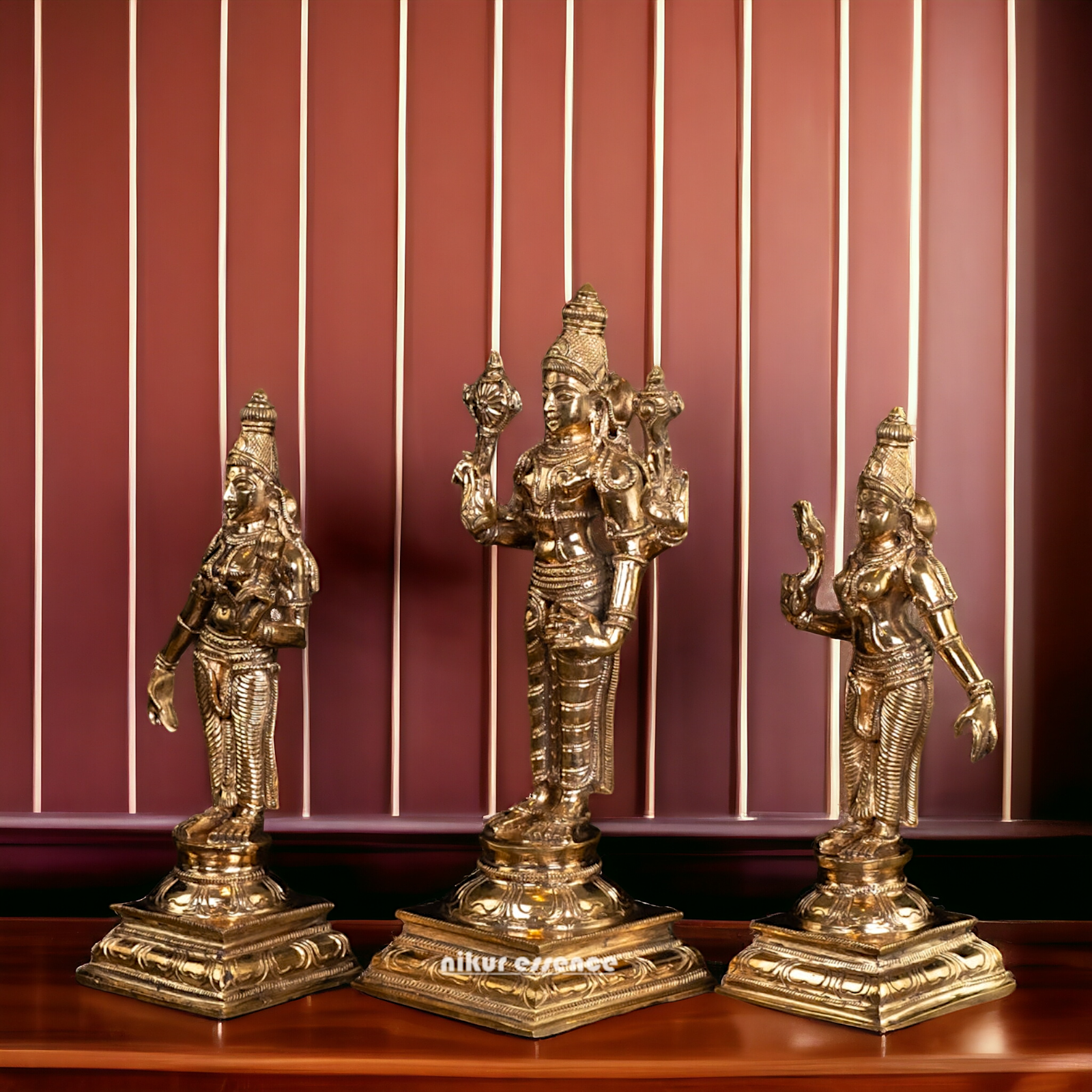 Vishnu with Sri Devi and Bhu Devi standing Panchaloha idol - 9.75 Inches Nikuressence