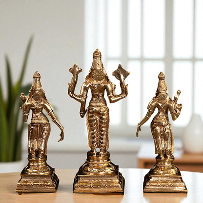 Vishnu with Sri Devi and Bhu Devi standing Panchaloha idol - 9.75 Inches Nikuressence