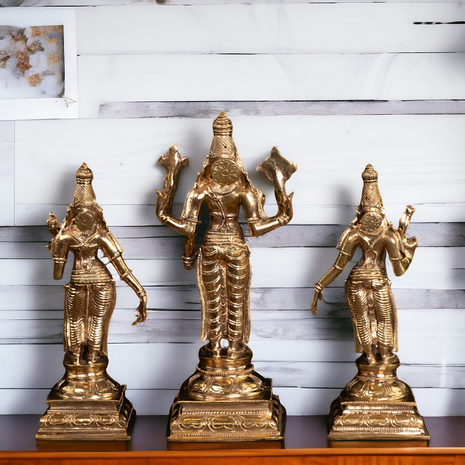 Vishnu with Sri Devi and Bhu Devi standing Panchaloha idol - 9.75 Inches Nikuressence
