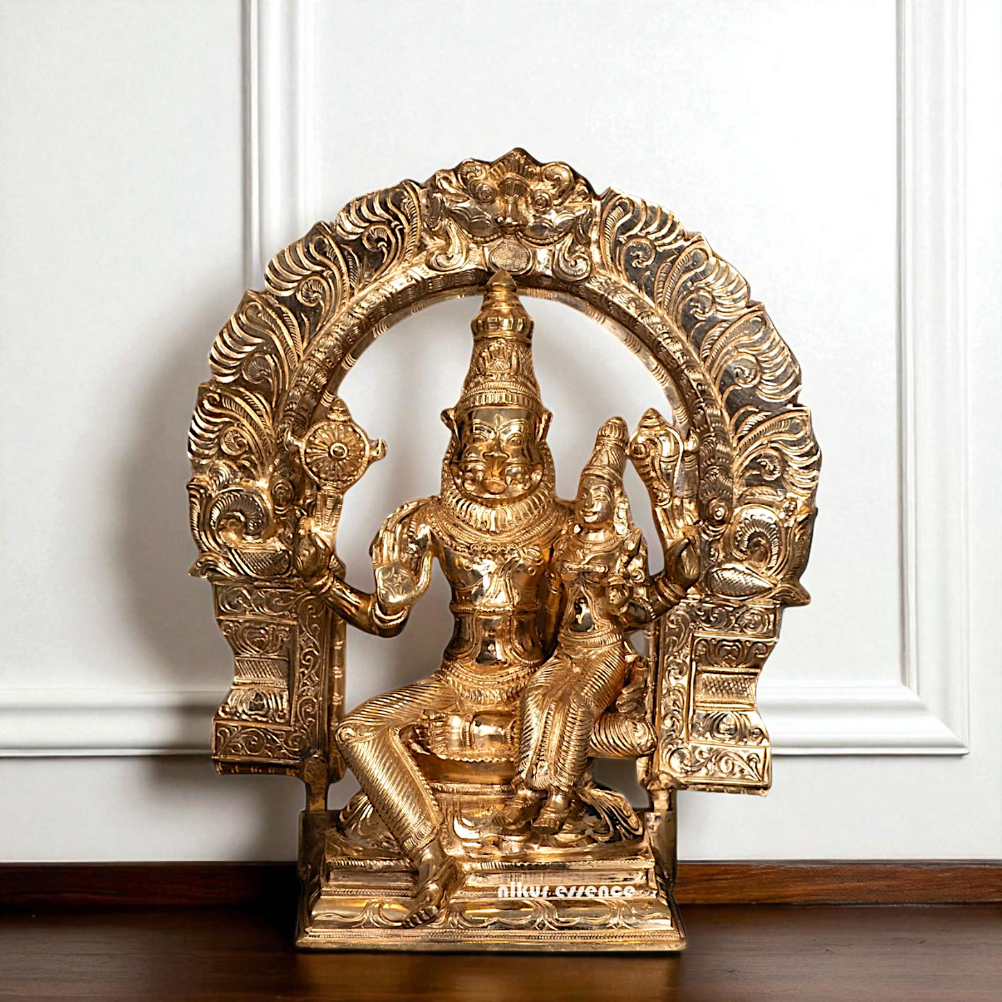 Narasimha Vishnu with Lakshmi seated Panchaloha idol - 12 Inches Nikuressence