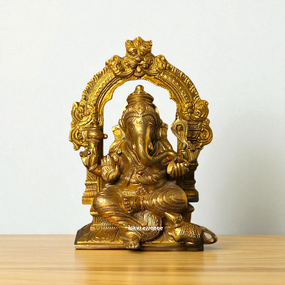 Ganesha seated on singhasan Panchaloha idol - 7 Inches Nikuressence