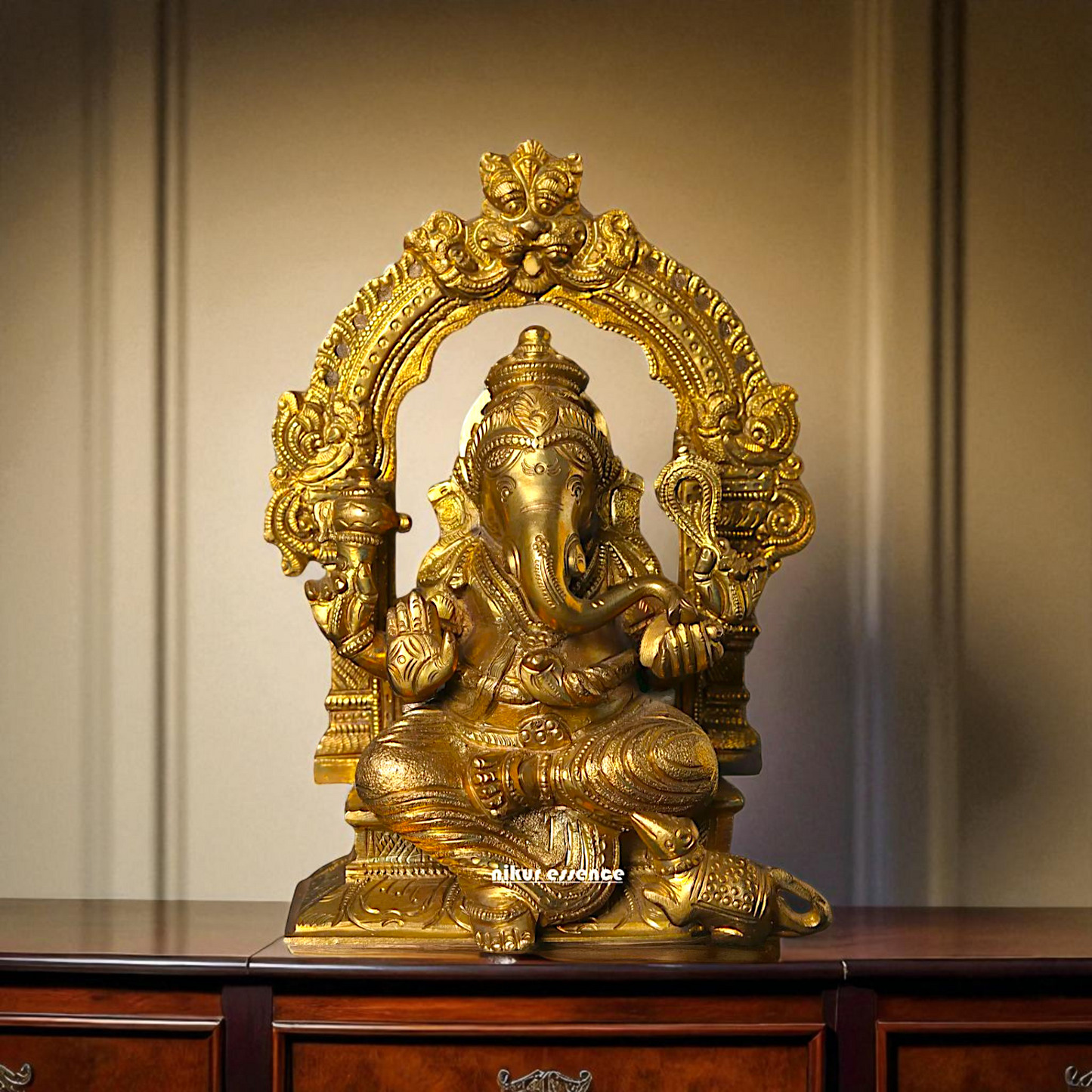 Ganesha seated on singhasan Panchaloha idol - 7 Inches Nikuressence