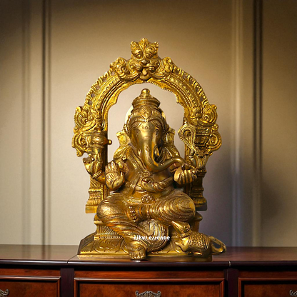 Ganesha seated on singhasan Panchaloha idol - 7 Inches Nikuressence