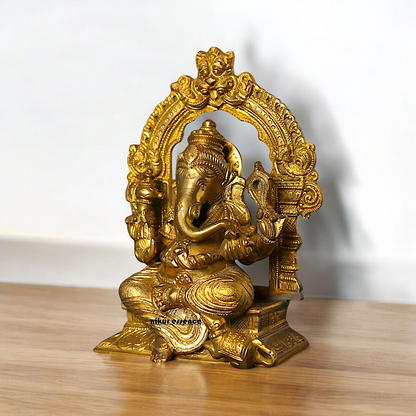 Ganesha seated on singhasan Panchaloha idol - 7 Inches Nikuressence