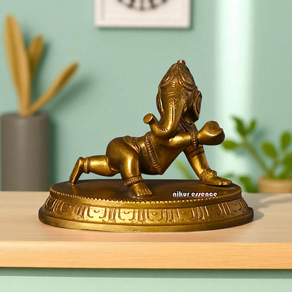 Bal Ganesh Ganpati with Laddoo Bronze/Panchaloha idol - 5 Inches Nikuressence