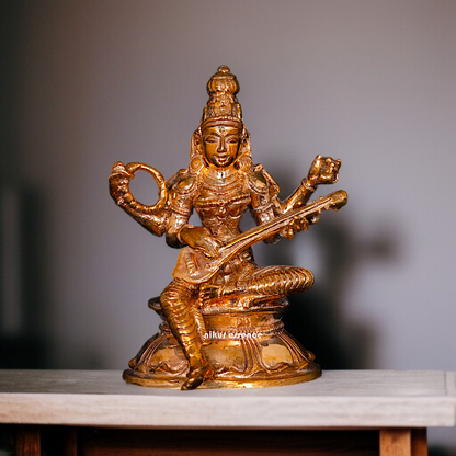 Goddess Saraswati seated Panchaloha statue - 3 inches Nikuressence