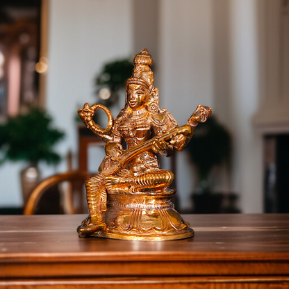 Goddess Saraswati seated Panchaloha statue - 3 inches Nikuressence