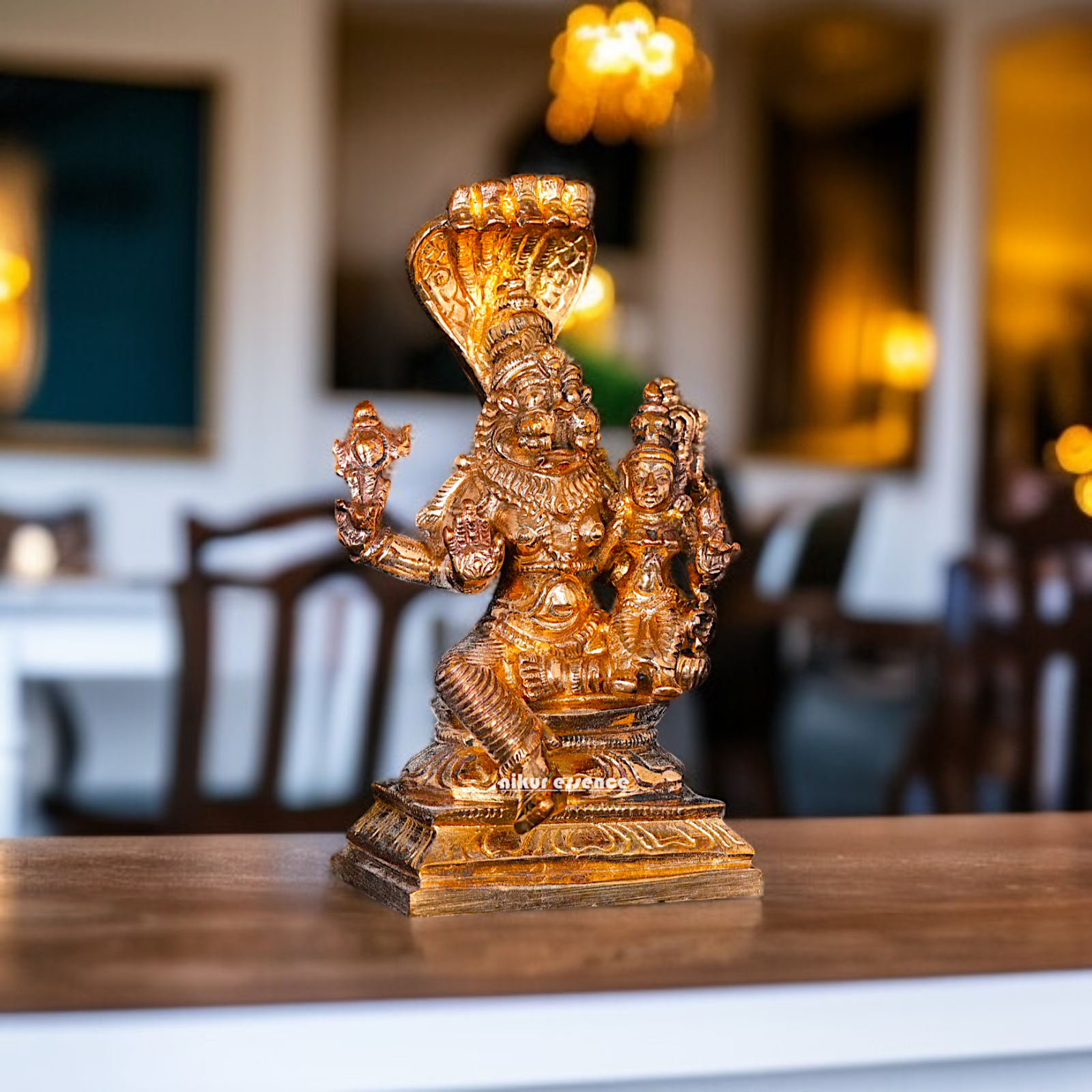 Narasimha with Sheshnag and Lakshmi seated Panchaloha statue - 4 inches Nikuressence