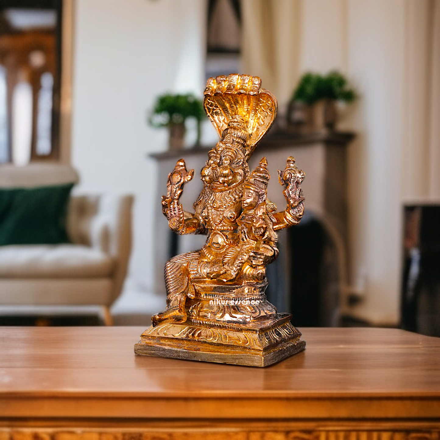 Narasimha with Sheshnag and Lakshmi seated Panchaloha statue - 4 inches Nikuressence