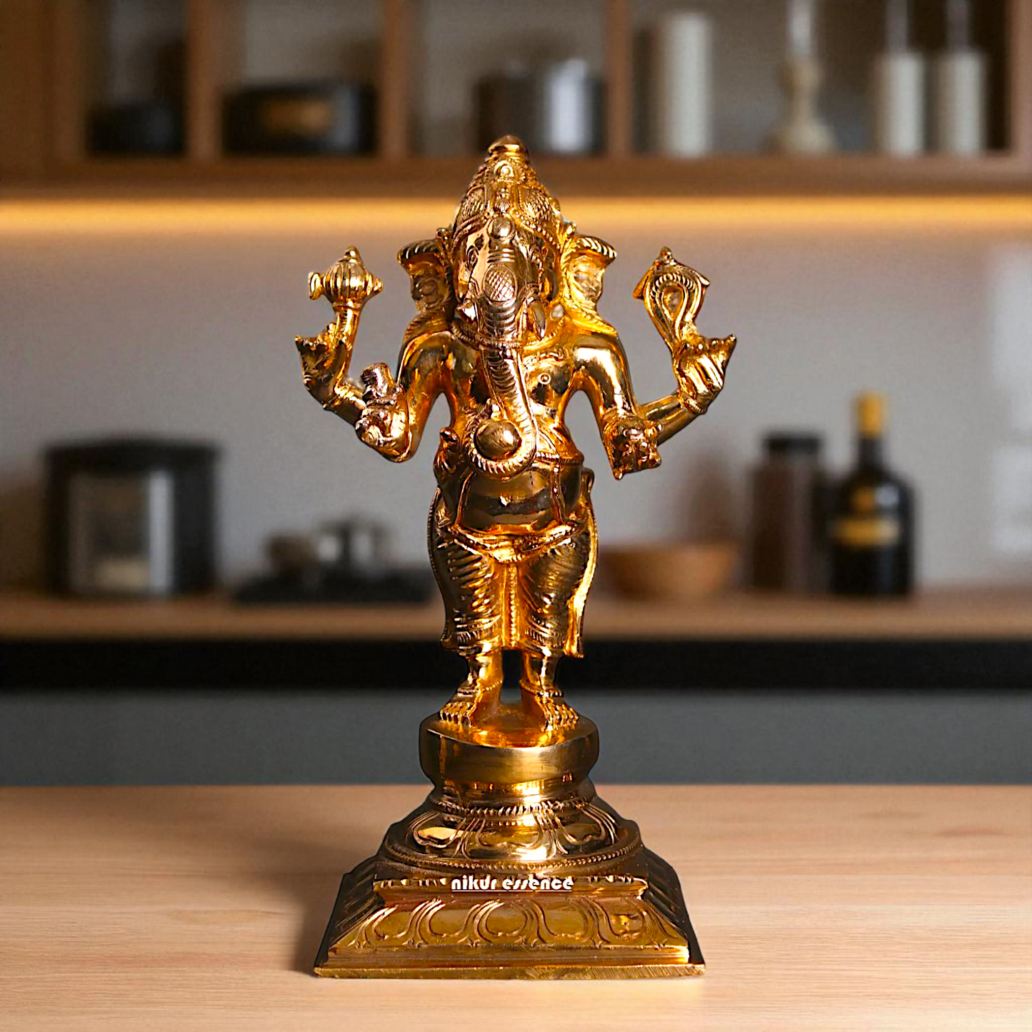 Ganesha blessings standing with Four Armed Panchaloha idol - 9 inches Nikuressence