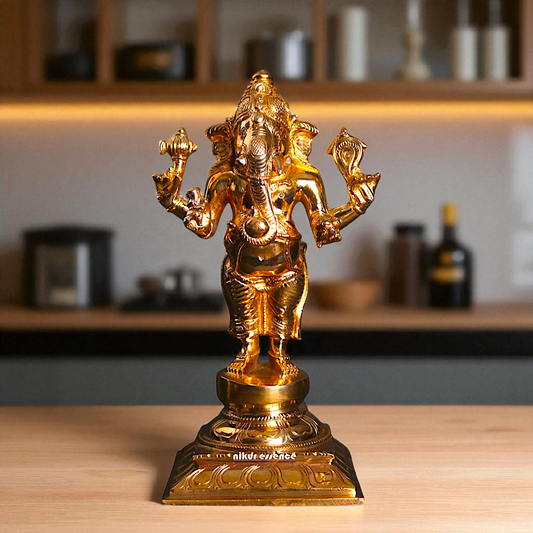 Ganesha blessings standing with Four Armed Panchaloha idol - 9 inches Nikuressence
