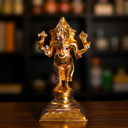 Ganesha blessings standing with Four Armed Panchaloha idol - 9 inches Nikuressence