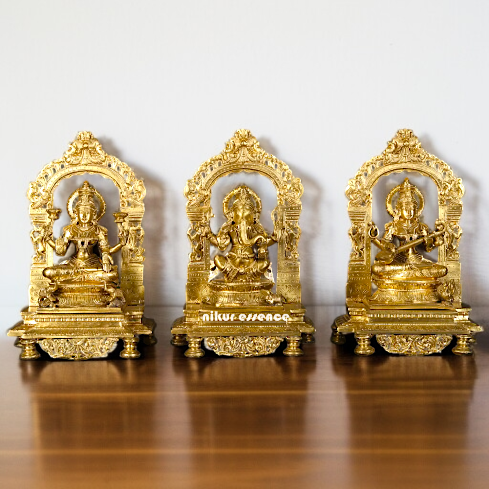 Lakshmi Ganesha Saraswati seated Panchaloha idol - 13 inches Nikuressence