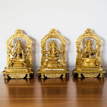 Lakshmi Ganesha Saraswati seated Panchaloha idol - 13 inches Nikuressence