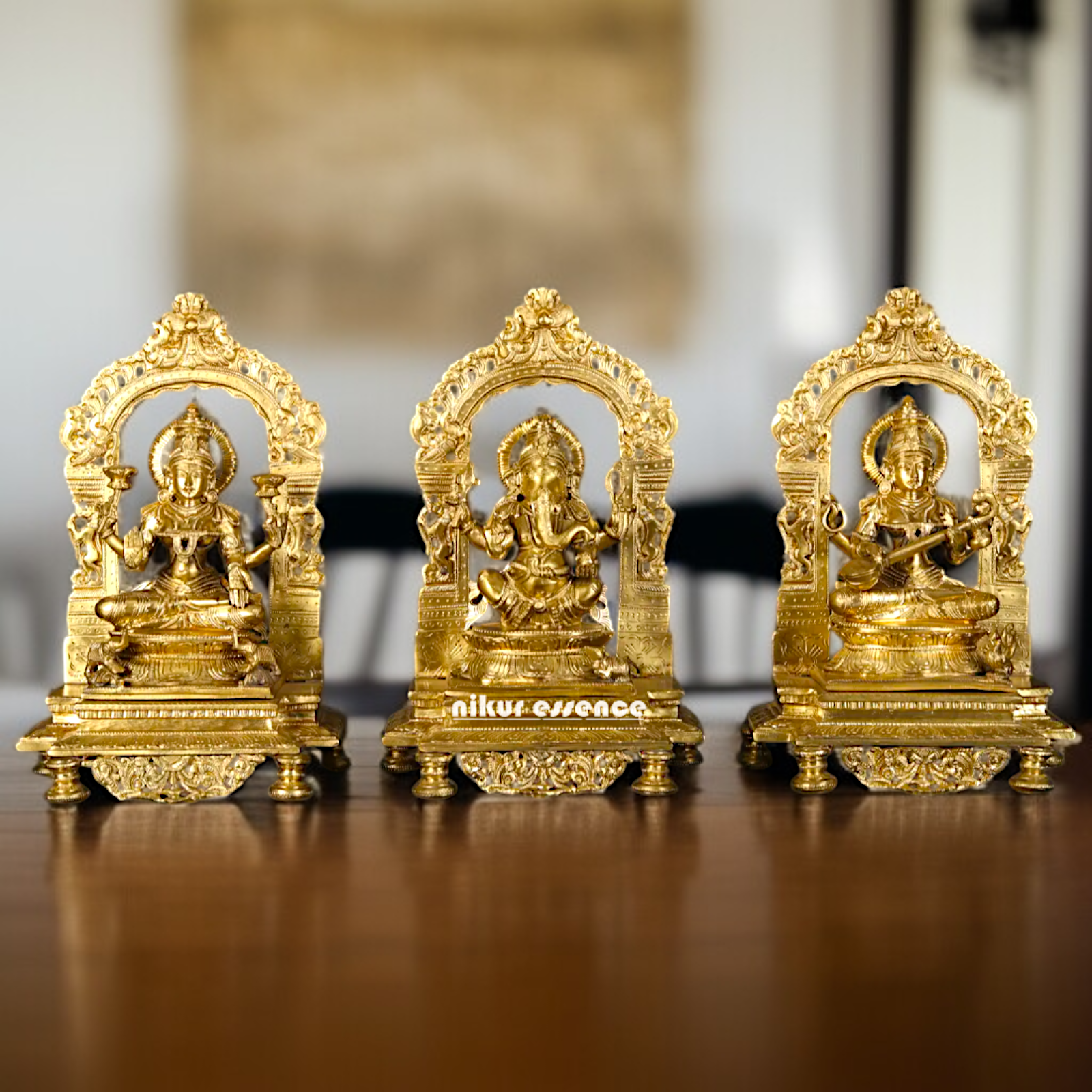 Lakshmi Ganesha Saraswati seated Panchaloha idol - 13 inches Nikuressence