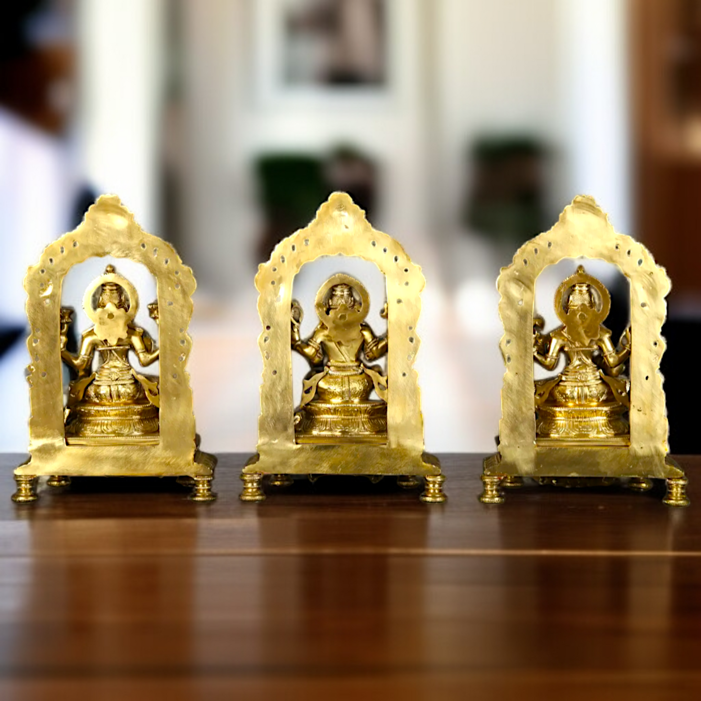 Lakshmi Ganesha Saraswati seated Panchaloha idol - 13 inches Nikuressence