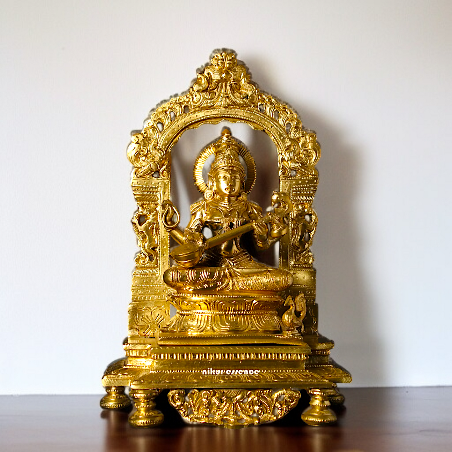 Goddess Saraswati Devi Playing Veena with Four Armed seated Panchaloha idol - 13 inches Nikuressence