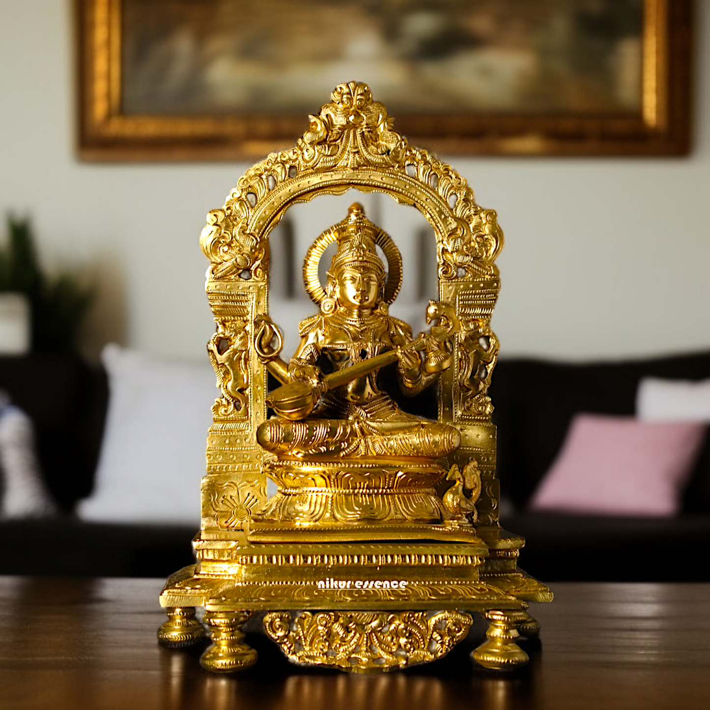 Goddess Saraswati Devi Playing Veena with Four Armed seated Panchaloha idol - 13 inches Nikuressence