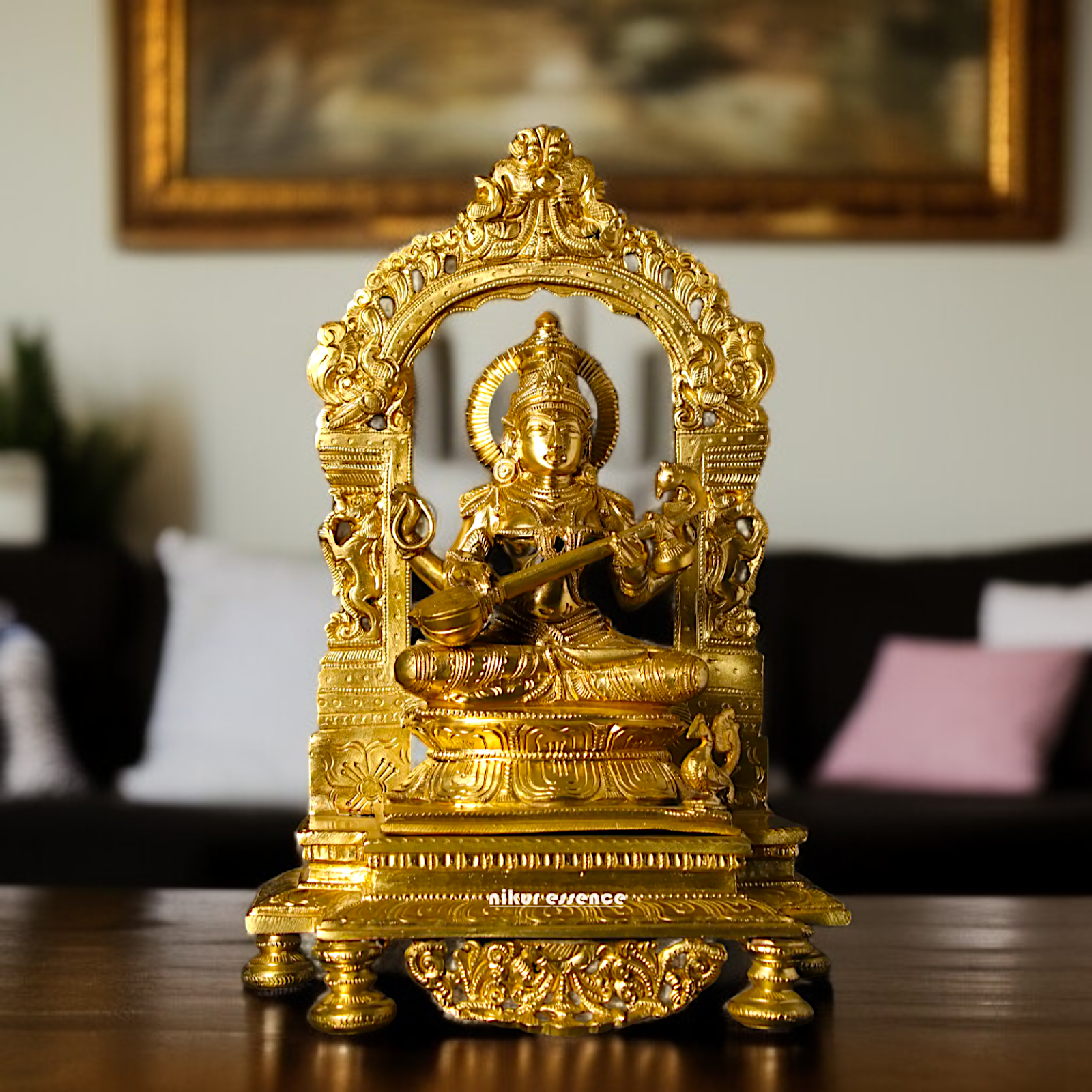 Goddess Saraswati Devi Playing Veena with Four Armed seated Panchaloha idol - 13 inches Nikuressence