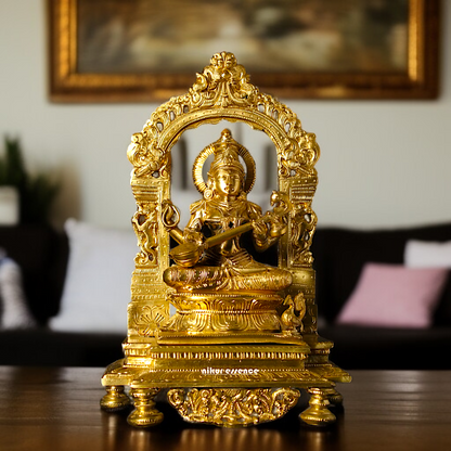 Goddess Saraswati Devi Playing Veena with Four Armed seated Panchaloha idol - 13 inches Nikuressence