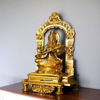 Goddess Saraswati Devi Playing Veena with Four Armed seated Panchaloha idol - 13 inches Nikuressence