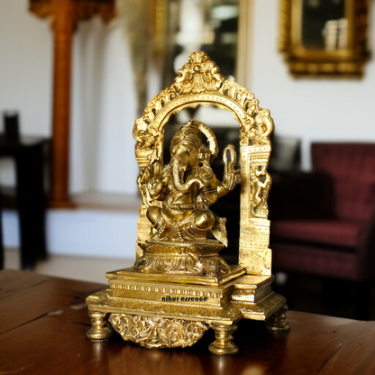 Ganesha Ganpati seated with Four Armed Panchaloha idol - 13 inches Nikuressence