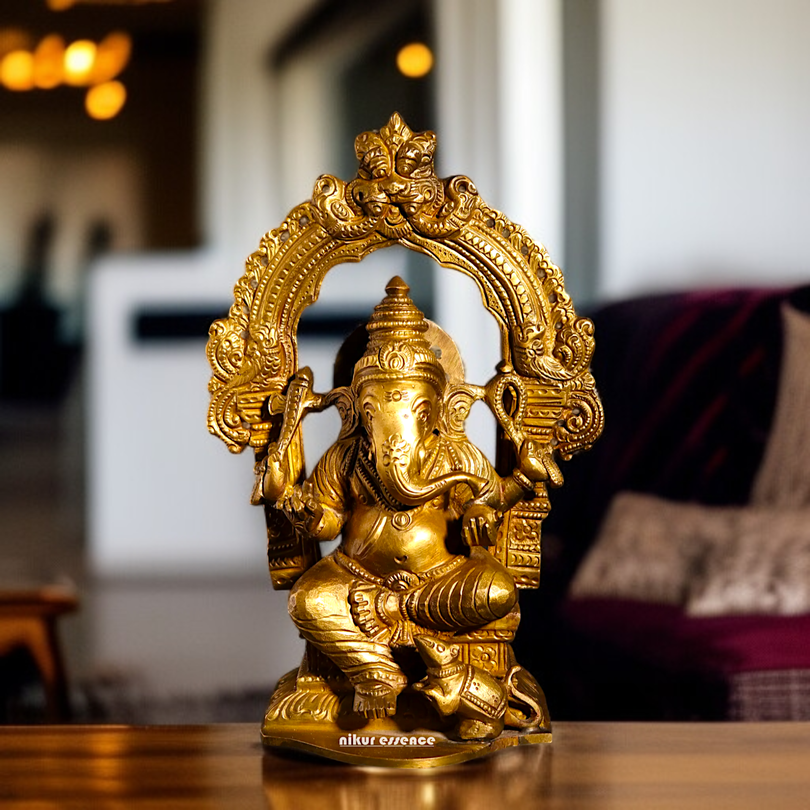 Ganpati Ganesha blessing seated on throne with Four Armed Panchaloha idol- 8 inches Nikuressence