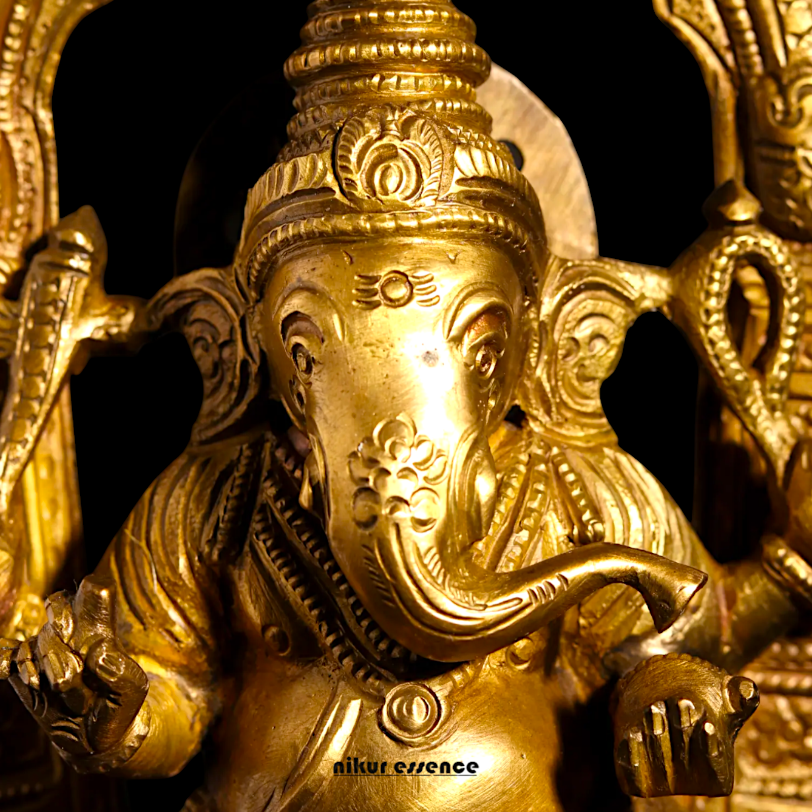 Ganpati Ganesha blessing seated on throne with Four Armed Panchaloha idol- 8 inches Nikuressence