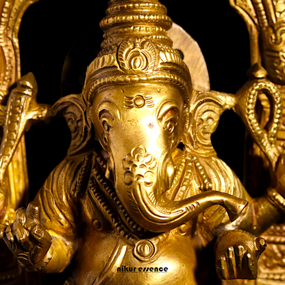 Ganpati Ganesha blessing seated on throne with Four Armed Panchaloha idol- 8 inches Nikuressence
