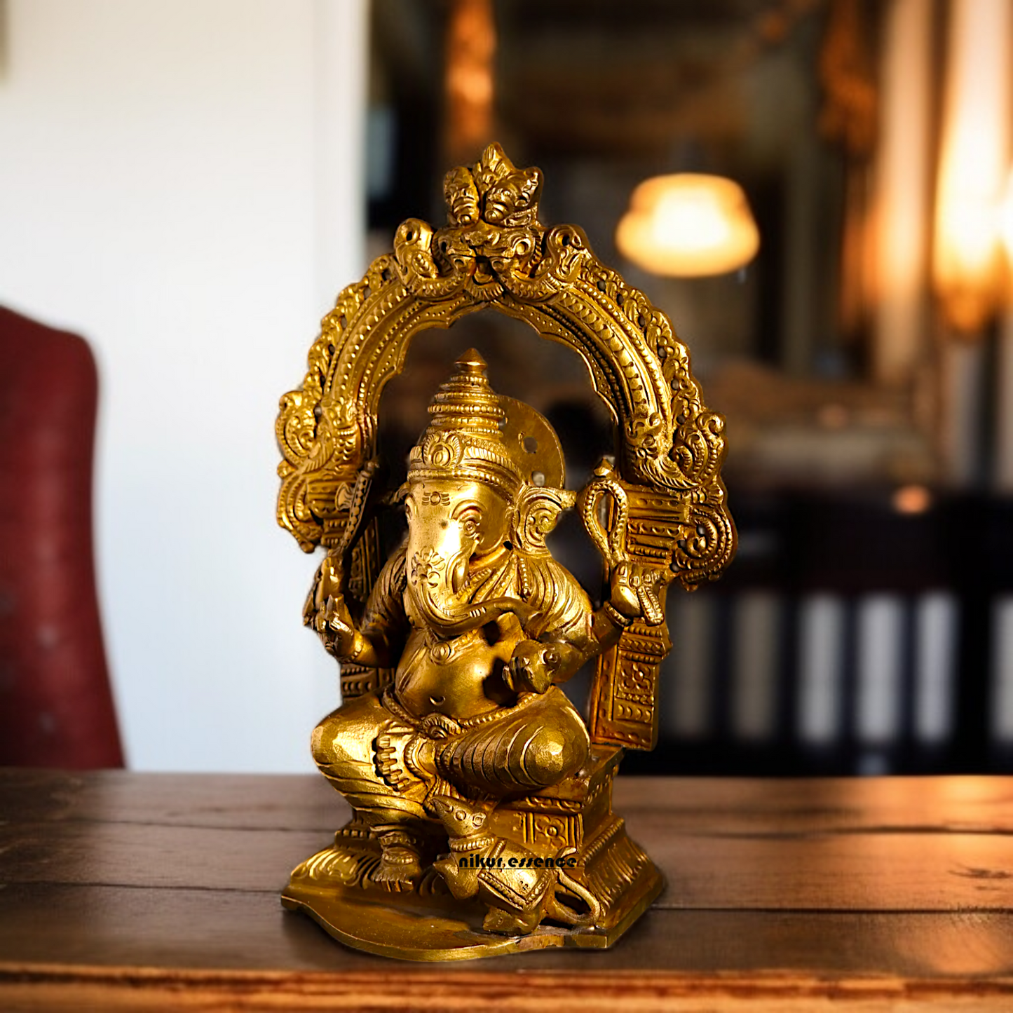 Ganpati Ganesha blessing seated on throne with Four Armed Panchaloha idol- 8 inches Nikuressence