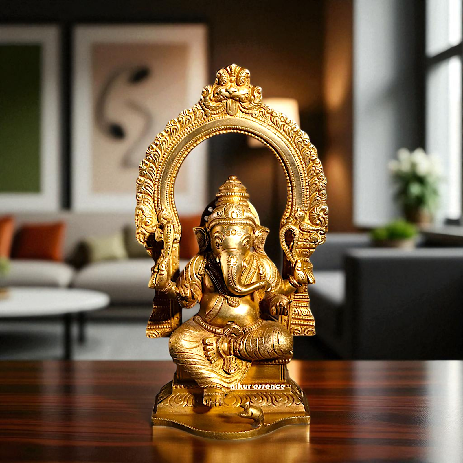 Ganesha Elephant God blessing seated Four Armed Panchaloha idol- 7 inches Nikuressence