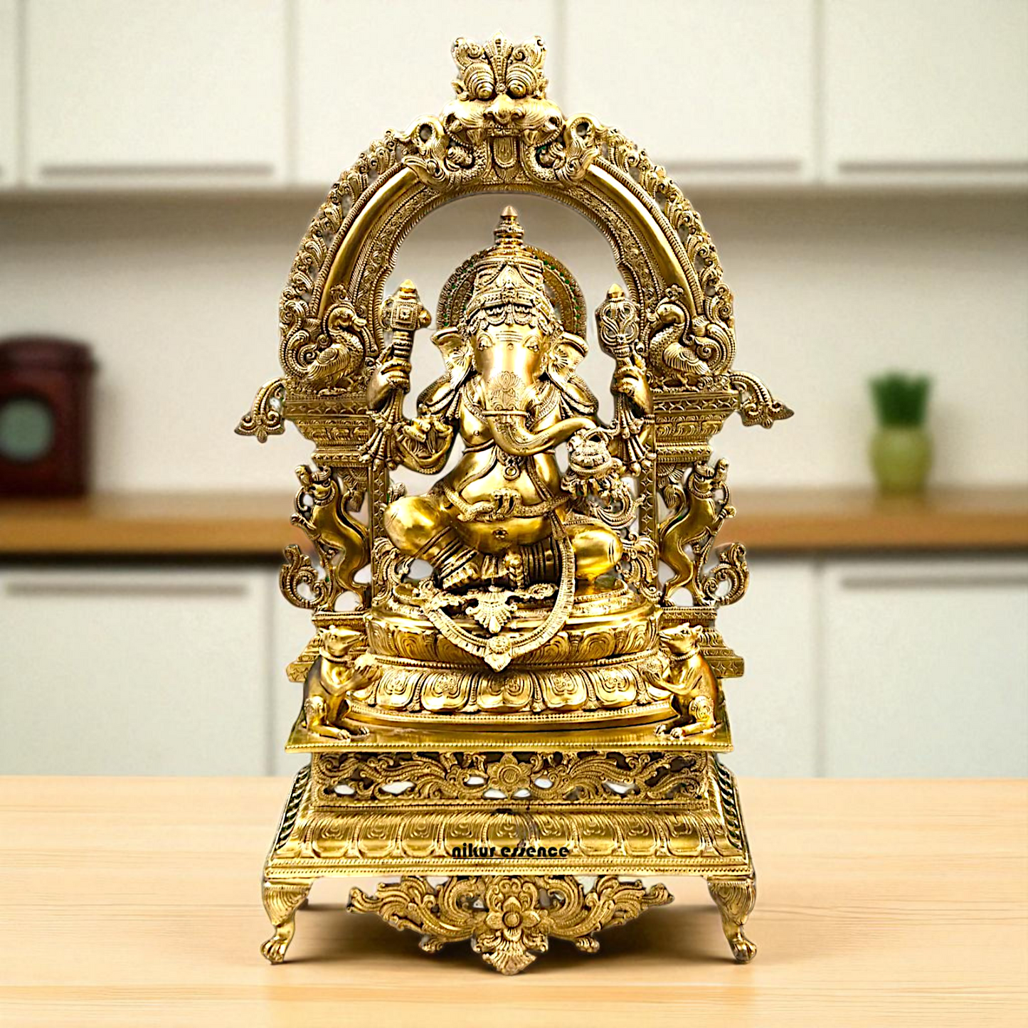 Large Ganesha seated on throne Panchaloha idol - 29 inches Nikuressence