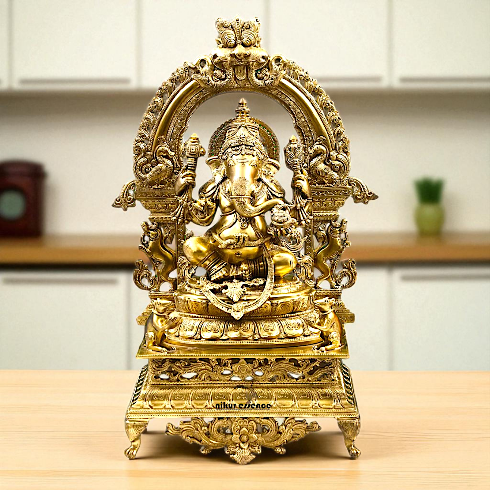 Large Ganesha seated on throne Panchaloha idol - 29 inches Nikuressence