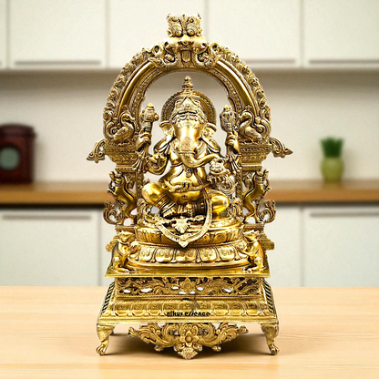 Large Ganesha seated on throne Panchaloha idol - 29 inches Nikuressence