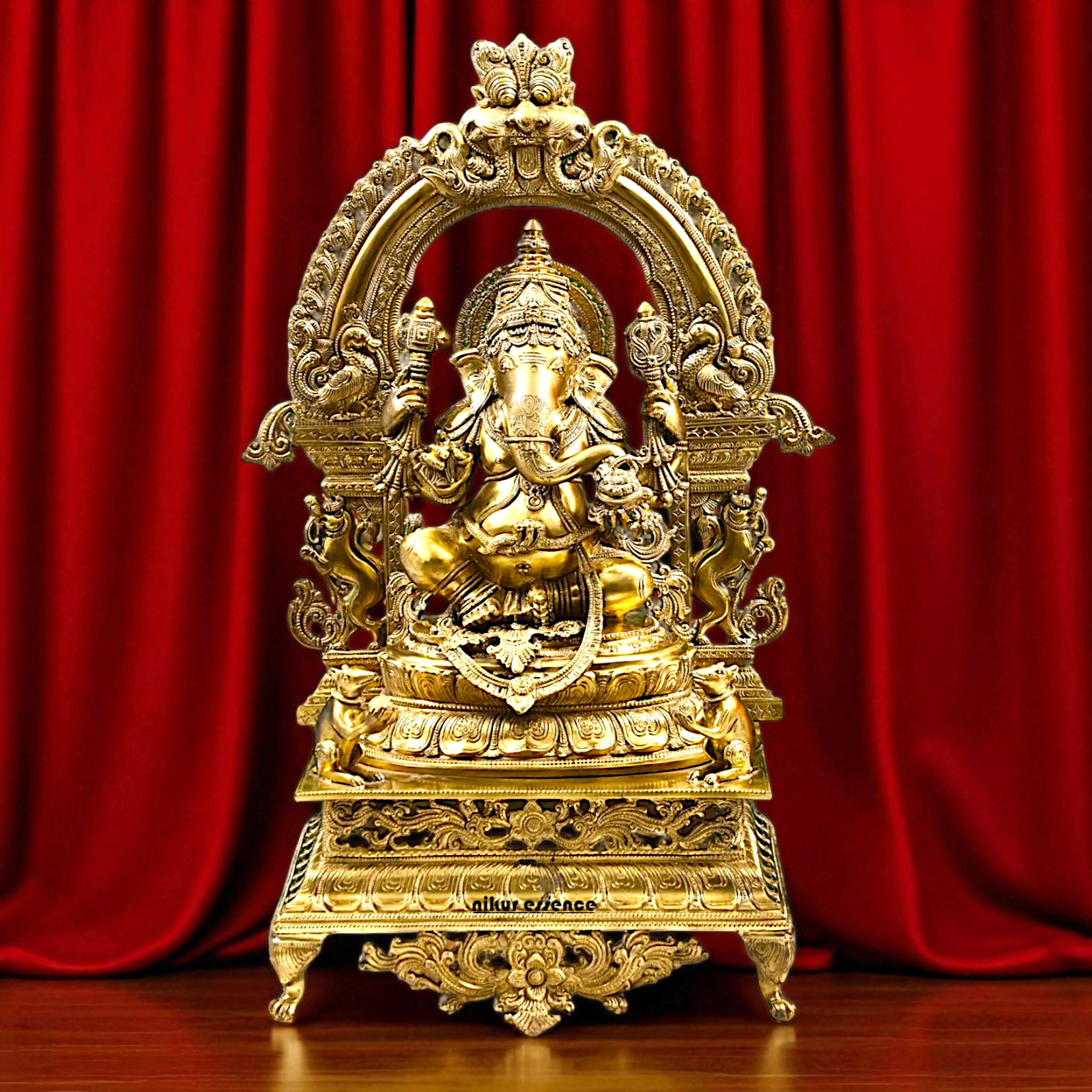 Large Ganesha seated on throne Panchaloha idol - 29 inches Nikuressence