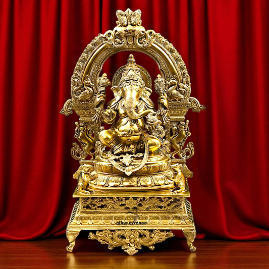 Large Ganesha seated on throne Panchaloha idol - 29 inches Nikuressence