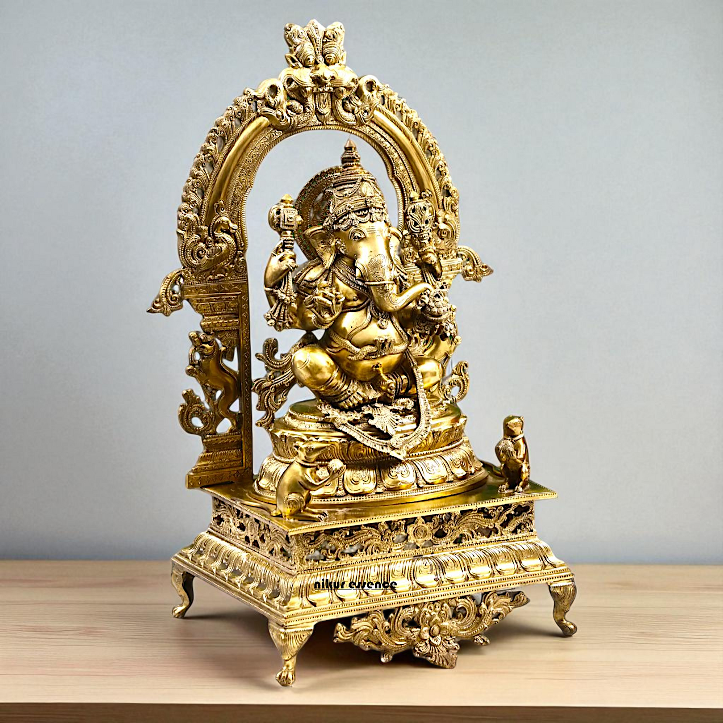 Large Ganesha seated on throne Panchaloha idol - 29 inches Nikuressence