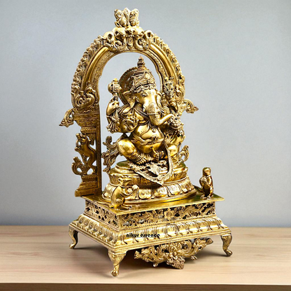 Large Ganesha seated on throne Panchaloha idol - 29 inches Nikuressence
