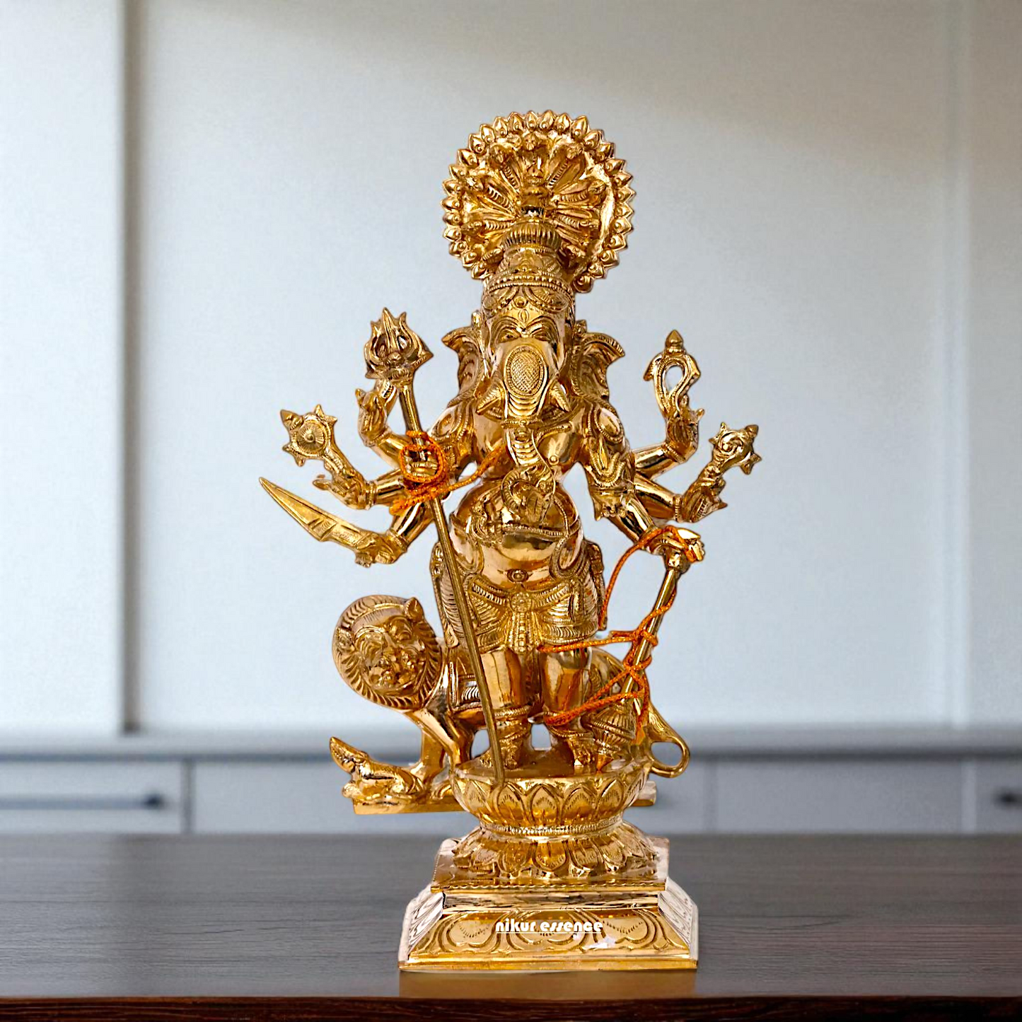 Ganesha Blessing standing with eight hand and lion Panchaloha statue - 13 inches Nikuressence