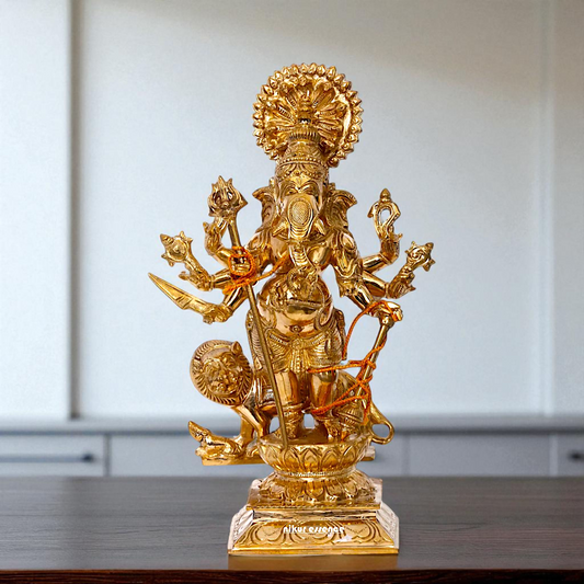 Ganesha Blessing standing with eight hand and lion Panchaloha statue - 13 inches Nikuressence