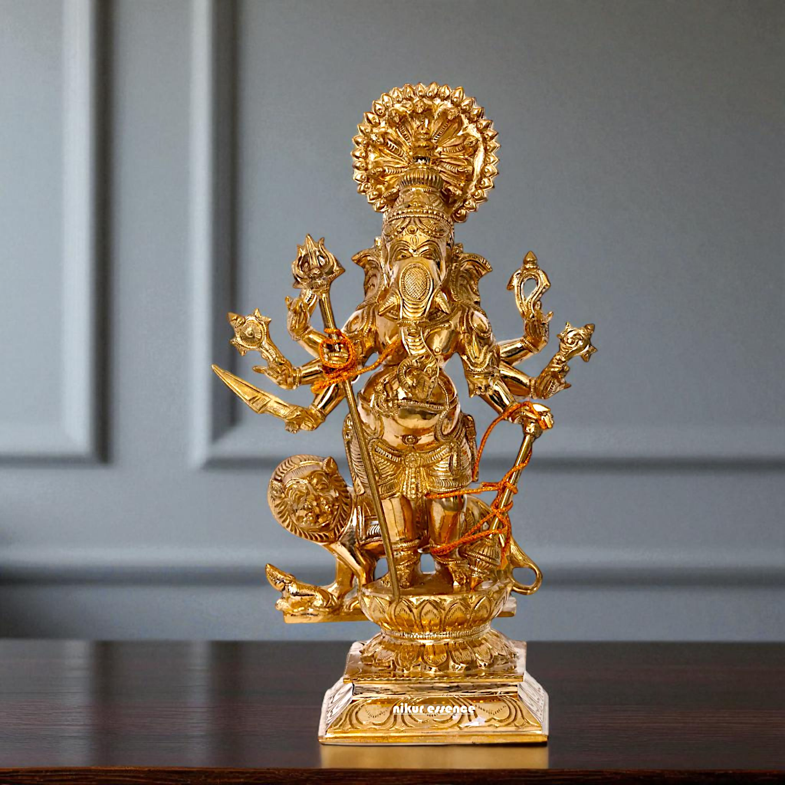 Ganesha Blessing standing with eight hand and lion Panchaloha statue - 13 inches Nikuressence